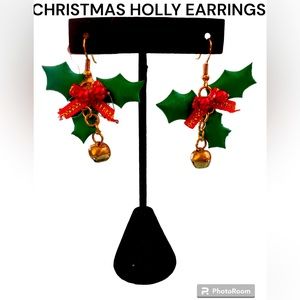 Christmas Holly Bell Holiday Dangling Earrings, New Without Tags, Handmade